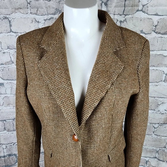 Vintage 70s Tweed Equestrian Preppy Academia Blazer Brown Cream Size 14 - Picture 5 of 16